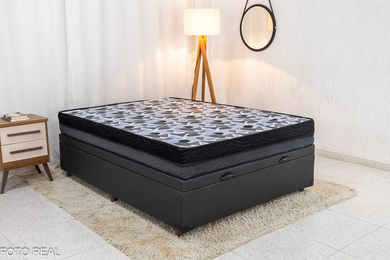 Box Baú Casal Eli Korino Preto + Colchão Casal Iso Dupla Face