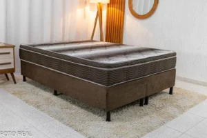 Box Casal Bipartida Nosso Sonho Sued Marrom + Colchão Casal Ortopédico Light