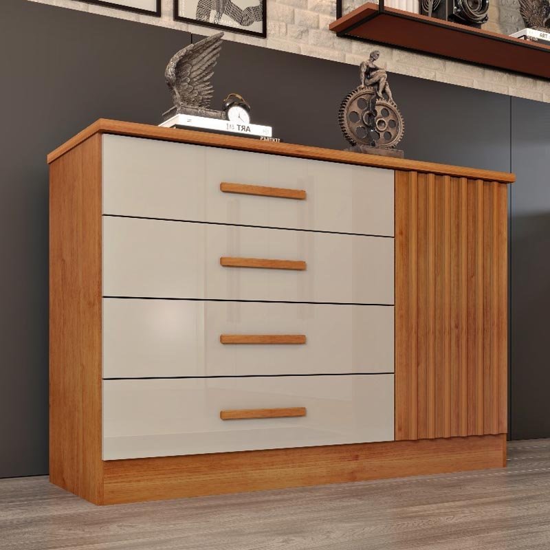Cômoda Barcelona Larg. 1.34m 4 Gavetas e 1 Porta C/Detalhe Ripado
