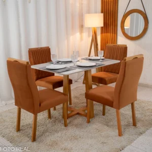 Mesa Pedro Mel Tampo Off 120×80 4 Cadeiras Genova Assento Veludo
