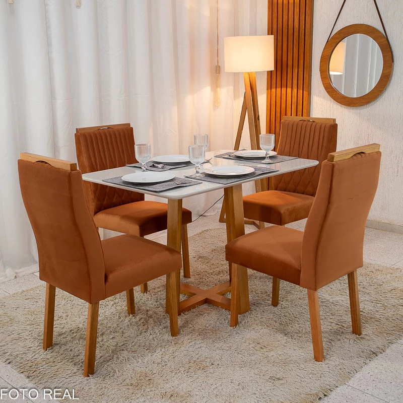 Mesa Pedro Mel Tampo Off 120×80 4 Cadeiras Genova Assento Veludo