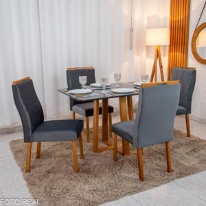 Mesa de Jantar Pedro Mel Tampo Vidro Grafite 120×80 4 Cadeiras Lisboa Veludo