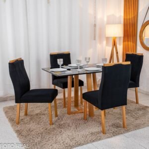 Mesa de Jantar Pedro Mel Tampo Vidro Preto 120×80 4 Cadeiras Lisboa Veludo