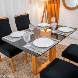 Alternative view of Mesa de Jantar Pedro Mel Tampo Vidro Preto 120×80 4 Cadeiras Lisboa Veludo