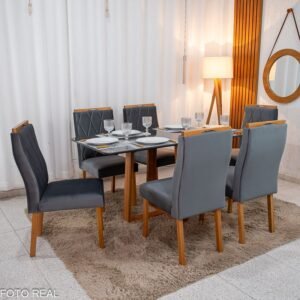Mesa de Jantar Pedro Mel Tampo Grafite 160×80 6 Cadeiras Lisboa Assento Veludo
