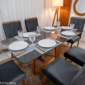 Alternative view of Mesa de Jantar Pedro Mel Tampo Grafite 160×80 6 Cadeiras Lisboa Assento Veludo