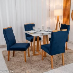 Mesa de Jantar Pedro Mel Tampo Vidro Off 90×90 4 Cadeiras Lisboa Veludo
