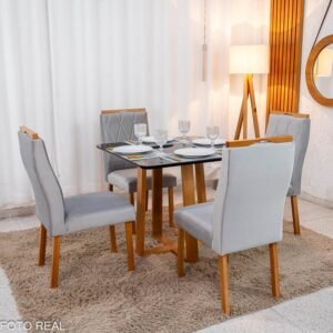 Alternative view of Mesa de Jantar Pedro Mel Tampo Vidro Preto 90×90 4 Cadeiras Lisboa Veludo