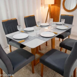 Alternative view of Mesa de Jantar Pedro Mel Tampo Off 160×80 6 Cadeiras Genova Assento Veludo