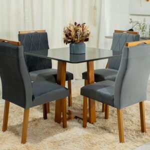 Alternative view of Mesa de Jantar Pedro Mel Tampo Vidro Grafite 90×90 4 Cadeiras Lisboa Veludo