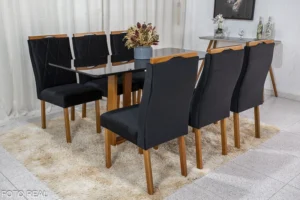 Alternative view of Mesa de Jantar Pedro Mel Tampo Vidro Preto 160×80 6 Cadeiras Lisboa Assento Veludo