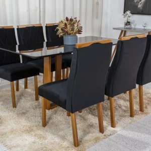 Alternative view of Mesa de Jantar Pedro Mel Tampo Vidro Preto 160×80 6 Cadeiras Lisboa Assento Veludo