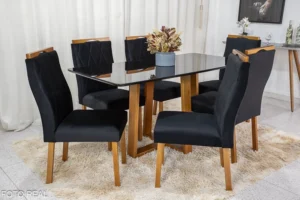 Mesa de Jantar Pedro Mel Tampo Vidro Preto 160×80 6 Cadeiras Lisboa Assento Veludo