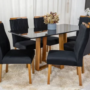 Mesa de Jantar Pedro Mel Tampo Vidro Preto 160×80 6 Cadeiras Lisboa Assento Veludo