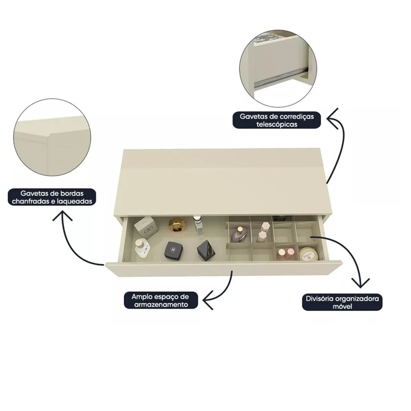 Penteadeira Realeza Ripada Larg. 0.94m C/Espelho e Led - Imagem 5