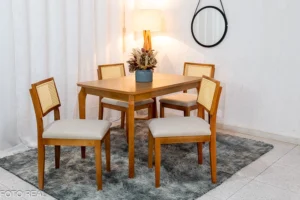 Mesa de Jantar Alegra Tampo Cinamomo 120×80 4 Cadeiras Jade Linho