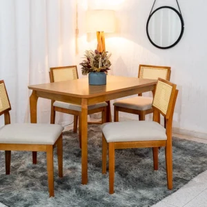 Mesa de Jantar Alegra Tampo Cinamomo 120×80 4 Cadeiras Jade Linho