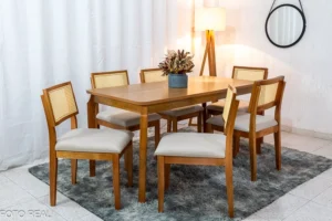 Mesa de Jantar Alegra Tampo Cinamomo 160×80 6 Cadeiras Jade Linho