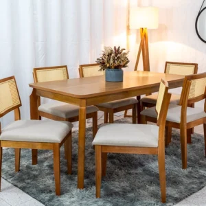 Mesa de Jantar Alegra Tampo Cinamomo 160×80 6 Cadeiras Jade Linho