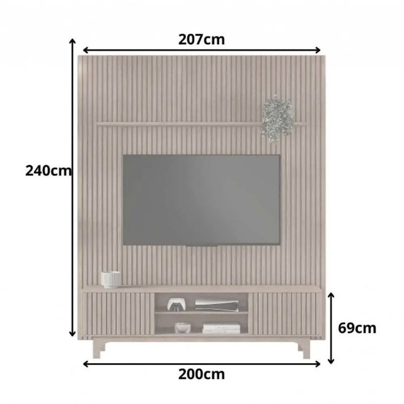 Rack Triunfo Larg. 2.00m + Painel Riso Larg. 2.07m Ripado Para TV até 75" - Imagem 4