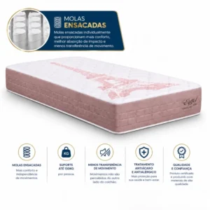 Colchão Solt. Eiffel Molas Ensacadas Rosa + Box Solt. Korino Branca - 88x188x63 | Suporta até 130kg - Imagem 9