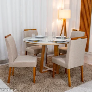 Alternative view of Mesa de Jantar Atlanta Redonda 120cm Vidro Off/Base Madeira 4 Cadeiras Isabela Linho Madeira