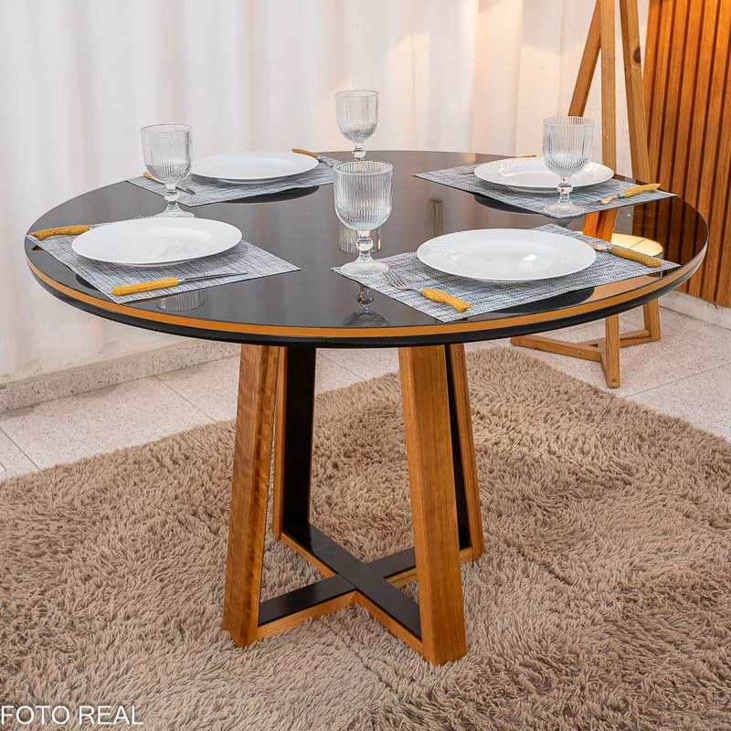 Mesa de Jantar Atlanta Redonda 120cm Vidro Preto/Base Madeira 4 Cadeiras Isabela Linho Madeira - Imagem 11