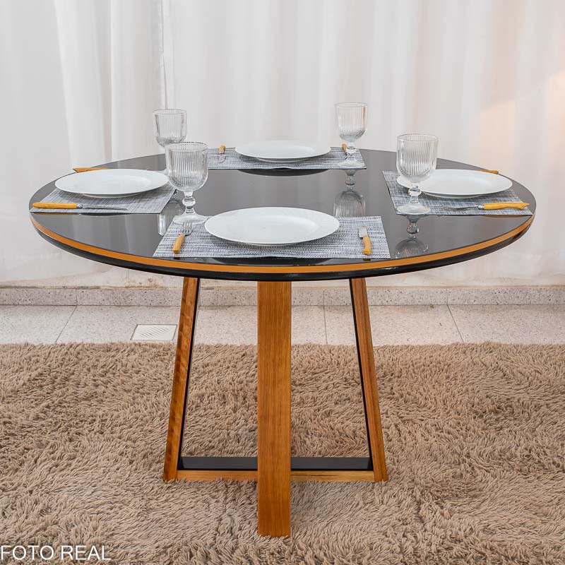 Mesa de Jantar Atlanta Redonda 120cm Vidro Preto/Base Madeira 4 Cadeiras Isabela Linho Madeira - Imagem 12