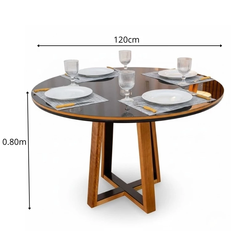 Mesa de Jantar Atlanta Redonda 120cm Vidro Preto/Base Madeira 4 Cadeiras Isabela Linho Madeira - Imagem 13