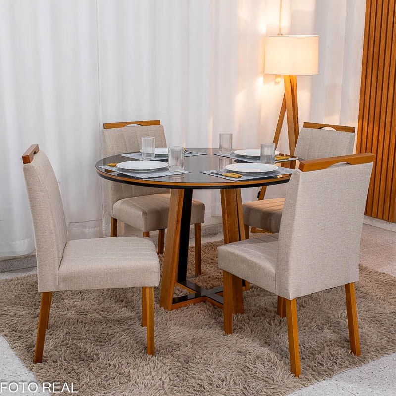 Mesa de Jantar Atlanta Redonda 120cm Vidro Preto/Base Madeira 4 Cadeiras Isabela Linho Madeira