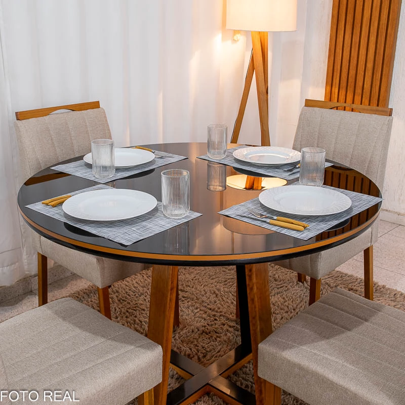 Mesa de Jantar Atlanta Redonda 120cm Vidro Preto/Base Madeira 4 Cadeiras Isabela Linho Madeira - Imagem 4