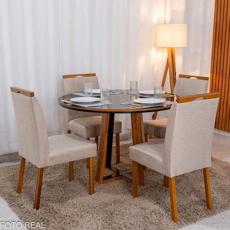 Mesa de Jantar Atlanta Redonda 120cm Vidro Preto/Base Madeira 4 Cadeiras Isabela Linho Madeira - Imagem 6