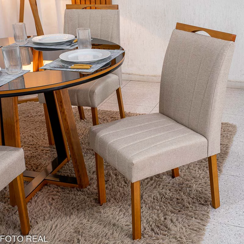 Mesa de Jantar Atlanta Redonda 120cm Vidro Preto/Base Madeira 4 Cadeiras Isabela Linho Madeira - Imagem 10