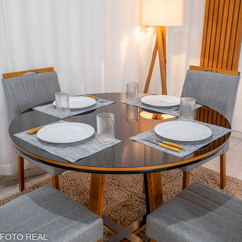 Mesa de Jantar Atlanta Redonda 120cm Vidro Preto/Base Madeira 4 Cadeiras Isabela Linho Madeira - Imagem 3