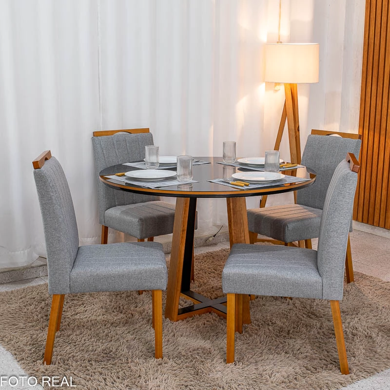 Mesa de Jantar Atlanta Redonda 120cm Vidro Preto/Base Madeira 4 Cadeiras Isabela Linho Madeira - Imagem 2
