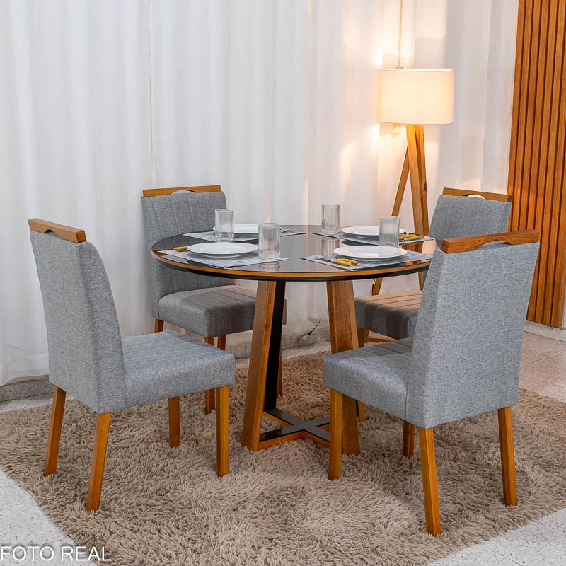 Mesa de Jantar Atlanta Redonda 120cm Vidro Preto/Base Madeira 4 Cadeiras Isabela Linho Madeira - Imagem 5