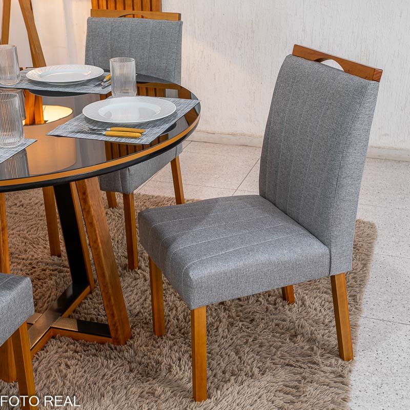 Mesa de Jantar Atlanta Redonda 120cm Vidro Preto/Base Madeira 4 Cadeiras Isabela Linho Madeira - Imagem 9