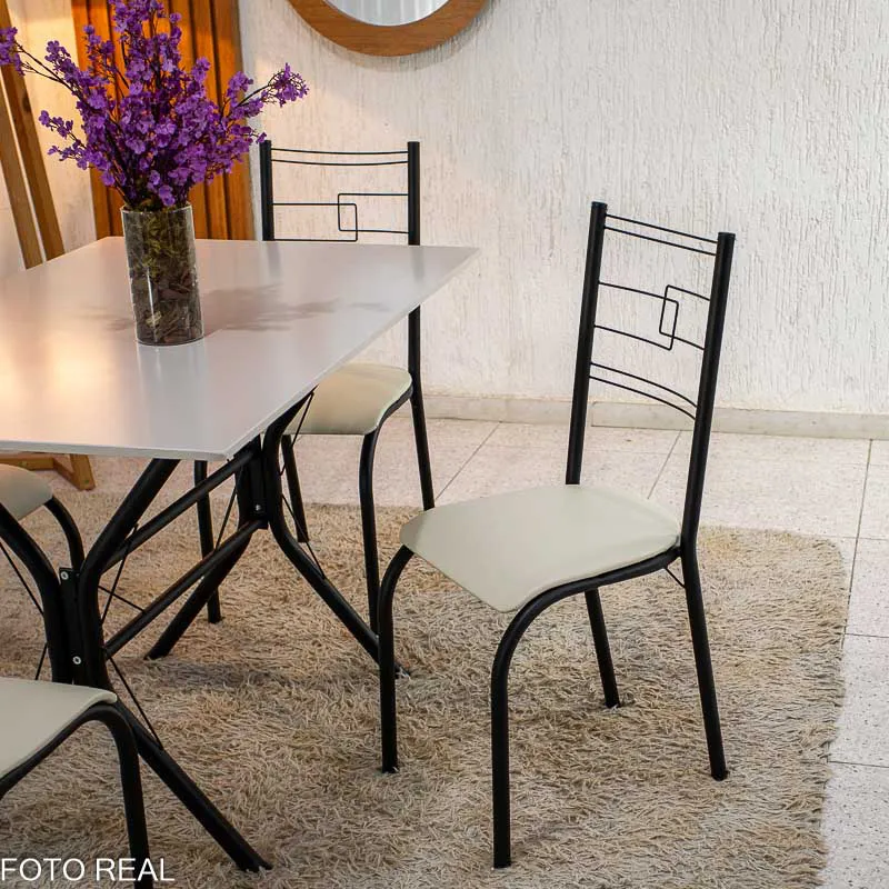 Mesa Paraty Base Cabo Frio Preto Tampo Pedra Off 120x75 4 Cadeiras Paraty Assento Creme - Imagem 4