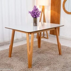 Mesa de Jantar Siena 120x90 Vidro Off/Base Madeira + 4 Cad. Cantiga Boucle Bege Madeira Maciça - Imagem 7