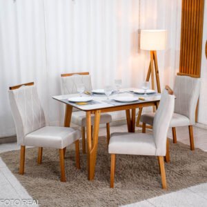 Mesa de Jantar Siena 120x90 Vidro Off/Base Madeira + 4 Cad. Lisboa Veludo Madeira - Entregue Montada - Imagem 4
