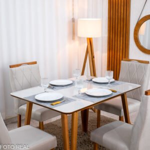 Mesa de Jantar Siena 120x90 Vidro Off/Base Madeira + 4 Cad. Lisboa Veludo Madeira - Entregue Montada - Imagem 8