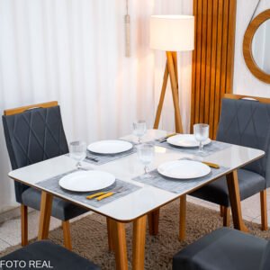 Mesa de Jantar Siena 120x90 Vidro Off/Base Madeira + 4 Cad. Lisboa Veludo Madeira - Entregue Montada - Imagem 6