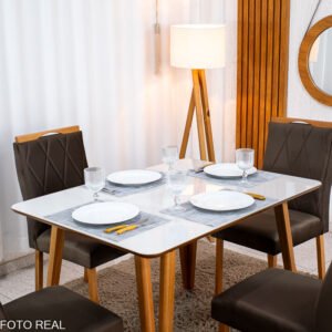 Mesa de Jantar Siena 120x90 Vidro Off/Base Madeira + 4 Cad. Lisboa Veludo Madeira - Entregue Montada - Imagem 5