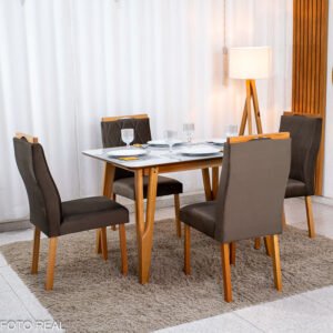 Mesa de Jantar Siena 120x90 Vidro Off/Base Madeira + 4 Cad. Lisboa Veludo Madeira - Entregue Montada - Imagem 9