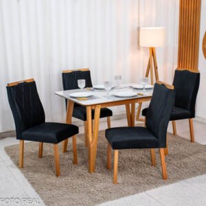 Mesa de Jantar Siena 120x90 Vidro Off/Base Madeira + 4 Cad. Lisboa Veludo Madeira - Entregue Montada - Imagem 3