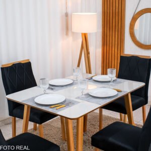 Mesa de Jantar Siena 120x90 Vidro Off/Base Madeira + 4 Cad. Lisboa Veludo Madeira - Entregue Montada - Imagem 7