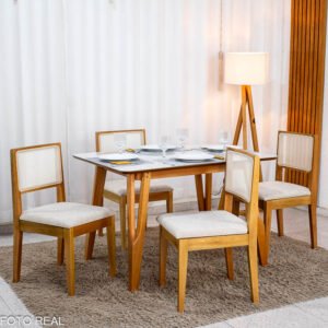 Mesa de Jantar Siena 120x90 Vidro Off/Base Madeira + 4 Cad. Cantiga Boucle Bege Madeira Maciça