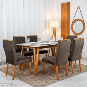 Mesa de Jantar Siena 160x90 Vidro Off/Base Madeira + 6 Cad. Lisboa Veludo Entregue Montada - Madeira Maciça