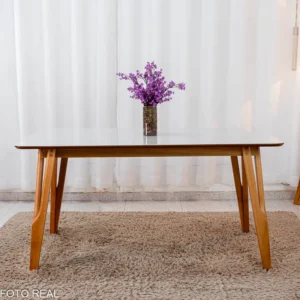 Mesa de Jantar Siena 160x90 Vidro Off/Base Madeira + 6 Cad. Isabela Linho Entregue Montada - Madeira Maciça - Imagem 5