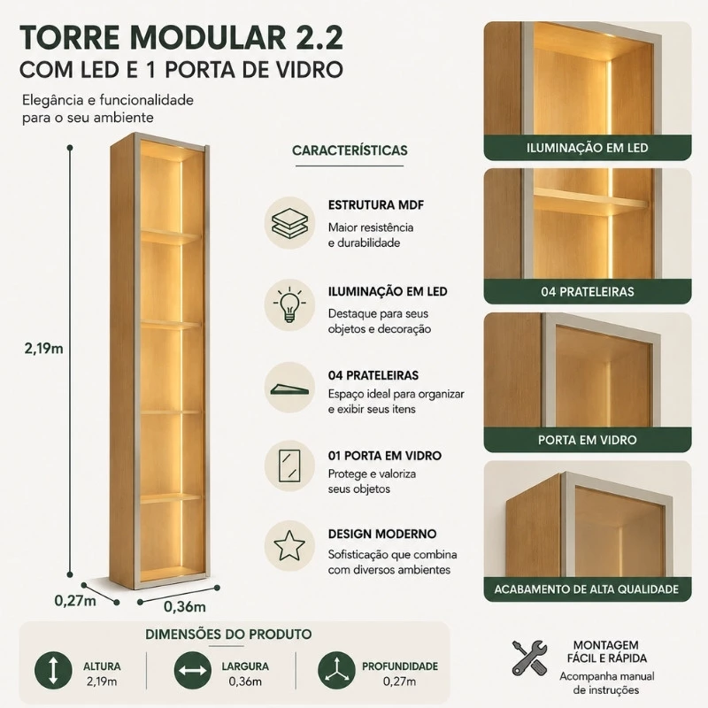 Torre Modular 2.2 Larg. 0.36m C/LED 1 Porta em Vidro - Imagem 2